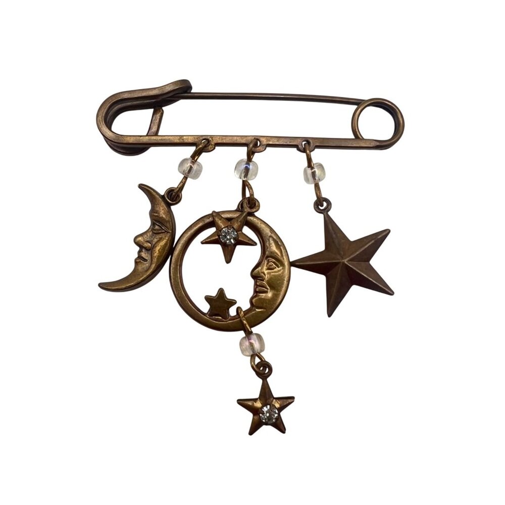 Moon Star Safety Pin Brooch Beads Rhinestones Antique Brass Celestial Boho